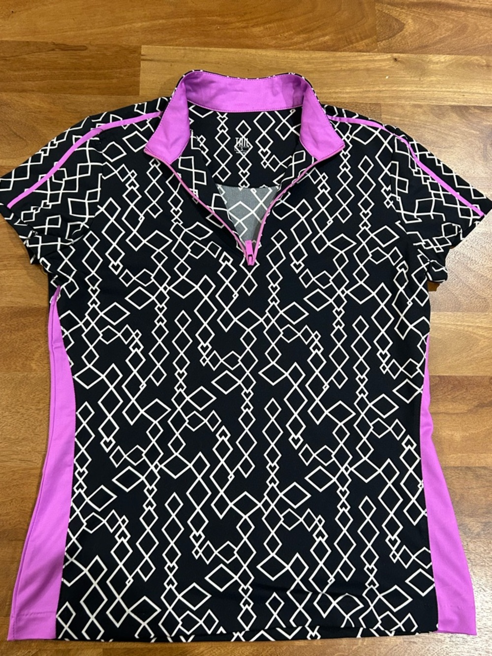 Women’s Black Geometric Short Sleeve Polo with Pink Accents